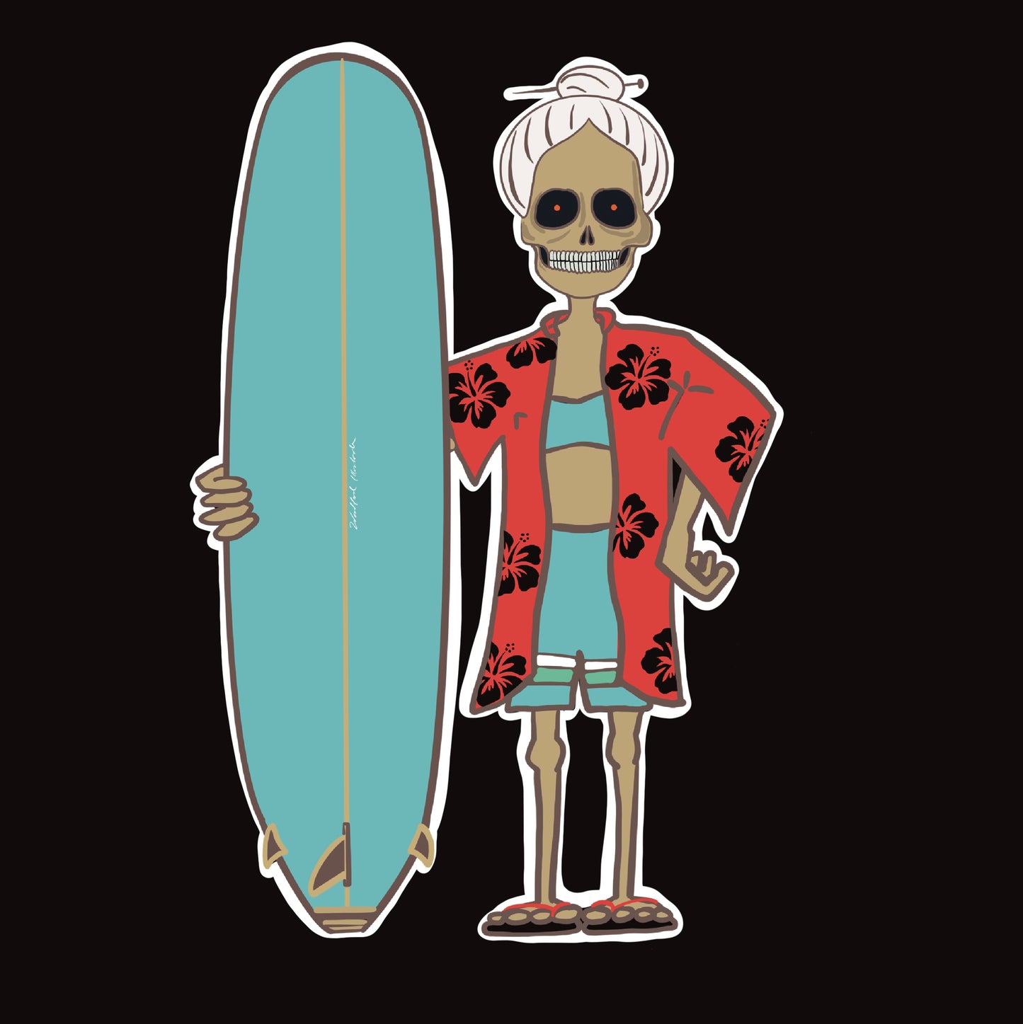 Surfing Skeleton Woman 4”x3.5” Kiss Cut Sticker