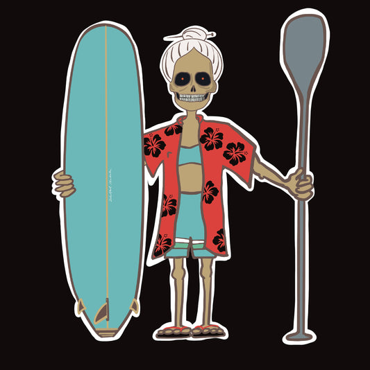 Sup Surfing Skeleton Woman 4”x4” Kiss Cut Sticker