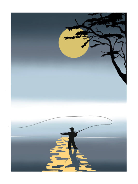 Flyfishing Under a Yellow Moon Card